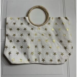 Lane Bryant Gold Star White Beach Bag Tote Paper Canvas Handbag